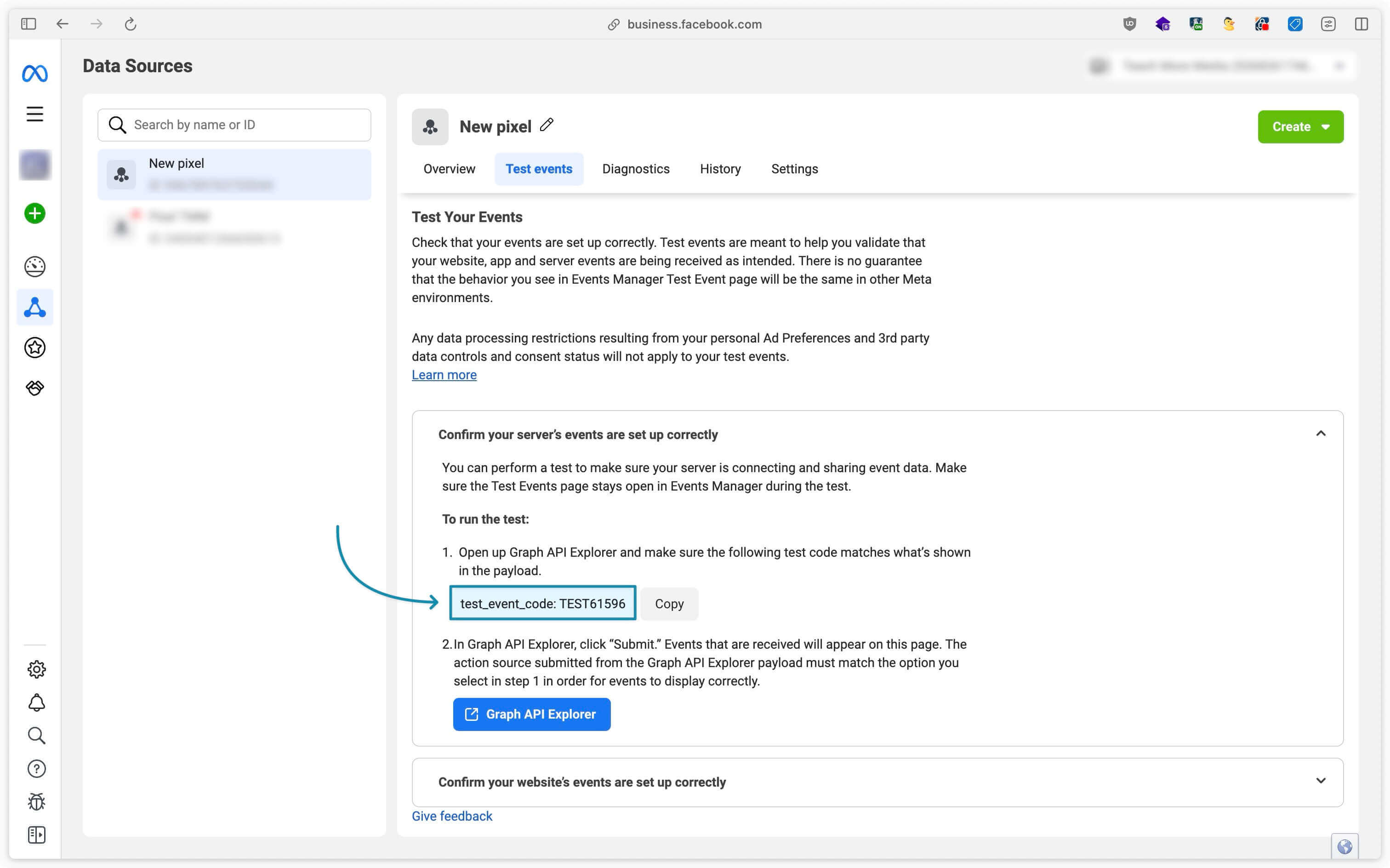 Contoh publik Events Manager Data Sources dan Test Events