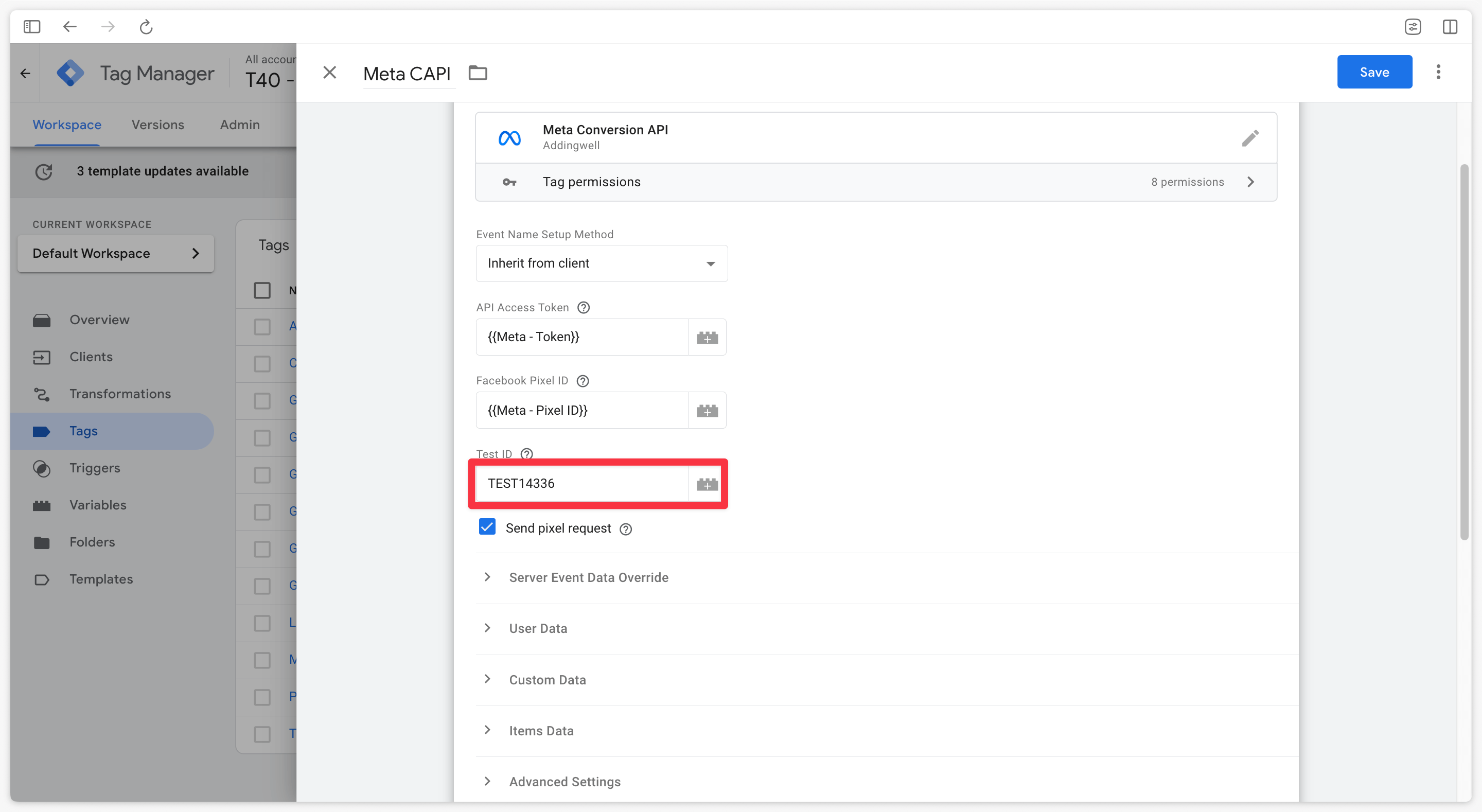 Contoh publik konfigurasi test code Meta CAPI