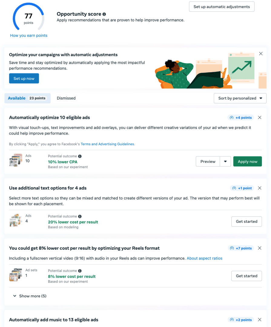 Contoh publik panel optimization Ads Manager