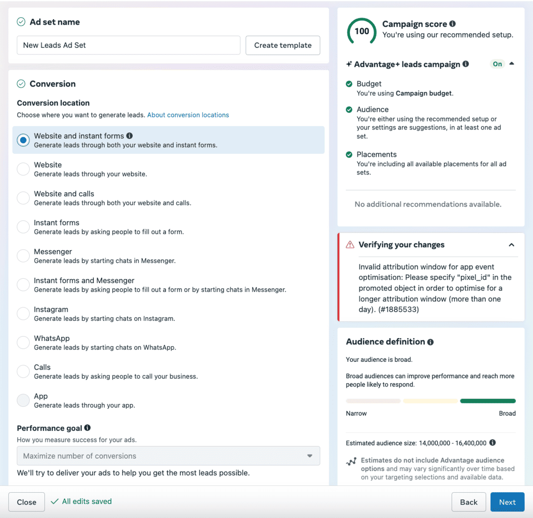 Contoh publik panel conversion location Ads Manager