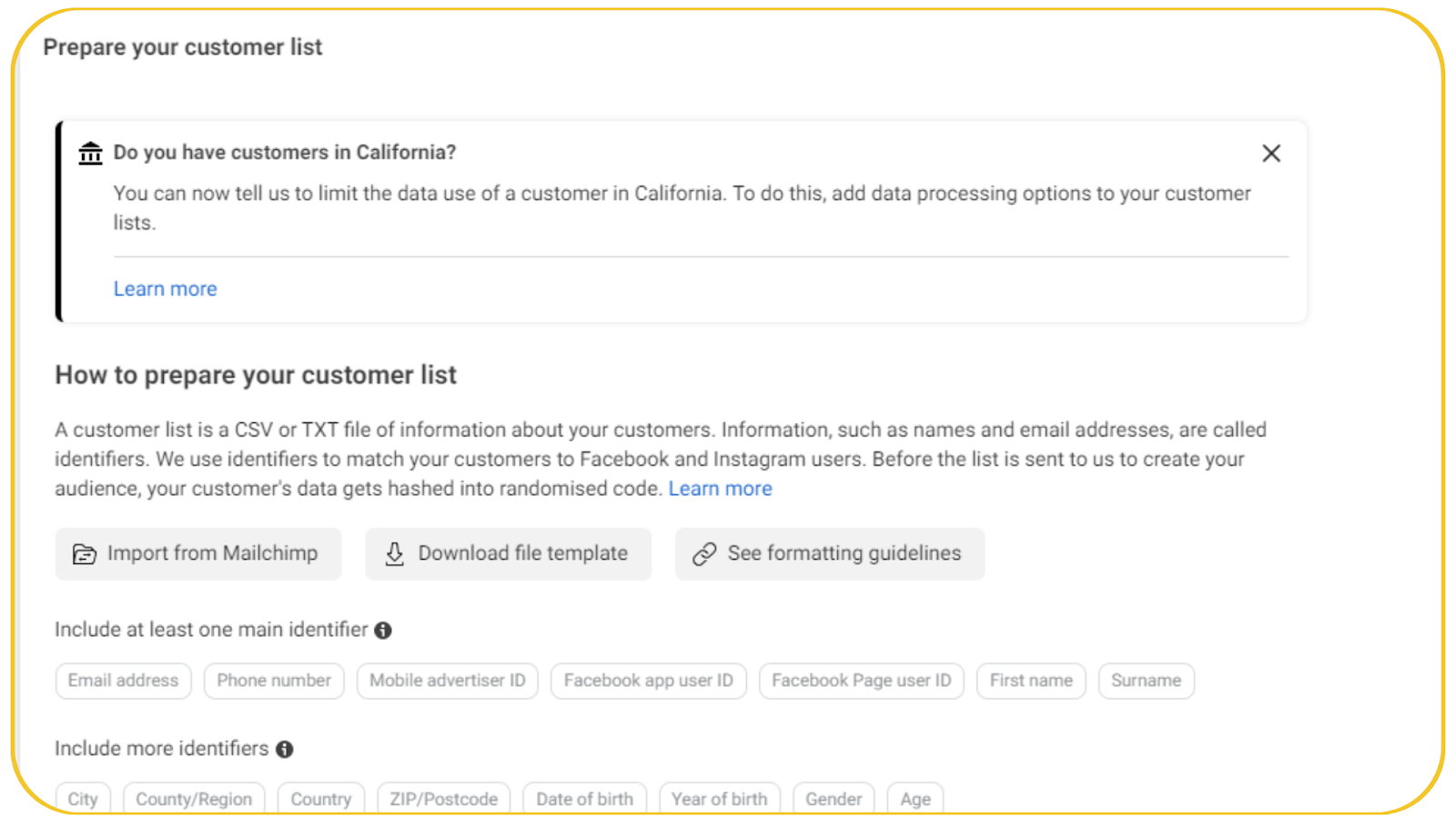 Contoh publik tahap upload Customer List Meta Ads
