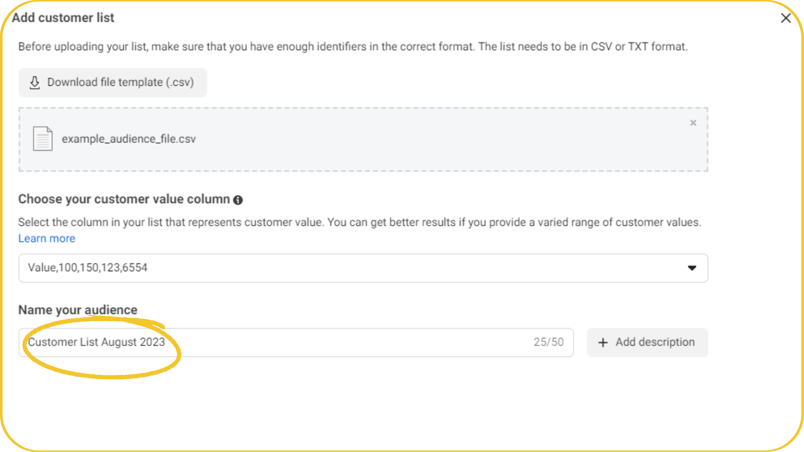 Contoh publik import and create Customer Audience